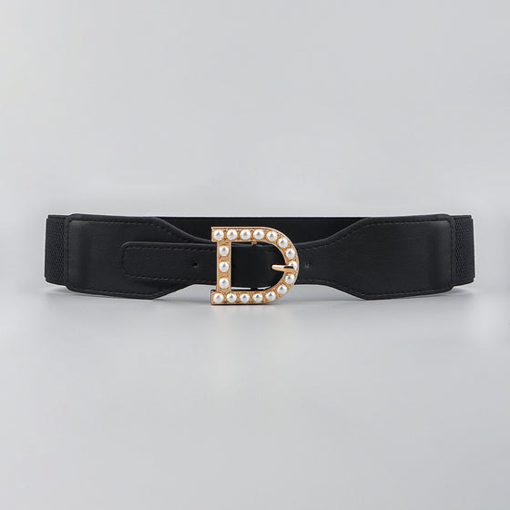 New Retro Fashion Women's Perforation-free Belt Pearl Needle Buckle Elastic Elastic Belt