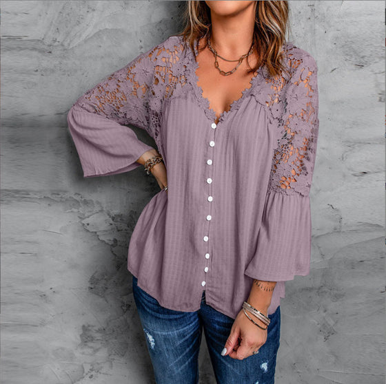 Womens Solid Color V Stitching Breasted Flared Sleeve Top