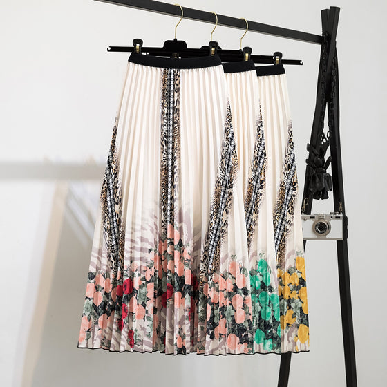 Printed Mid-Length Pleated Large Hem A-Line Skirt