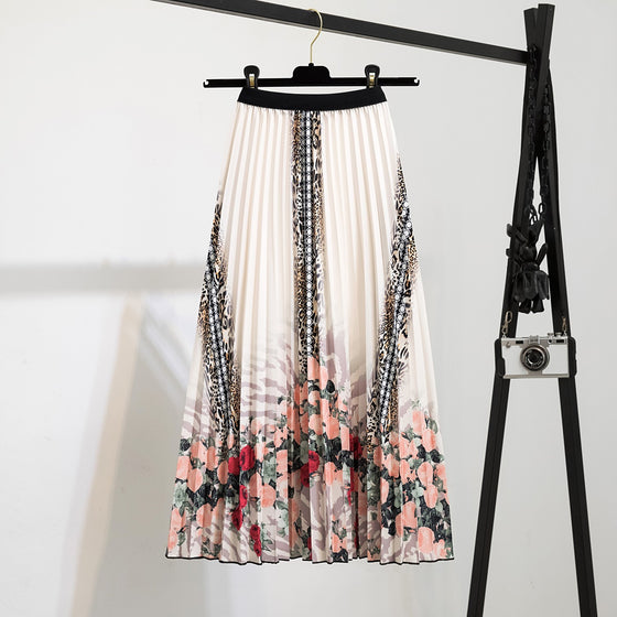 Printed Mid-Length Pleated Large Hem A-Line Skirt