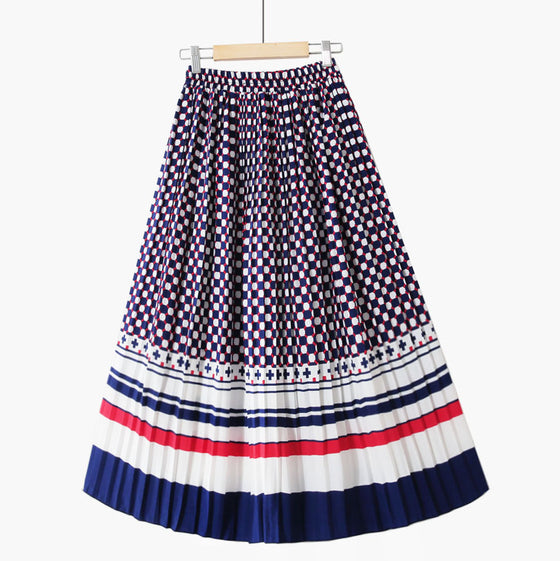 Chiffon A-line Large Print Pleated Midi Skirt