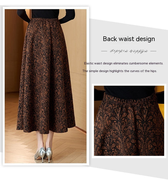 Woolen Jacquard High Waist Swing Dress Thickened Midi Skirt Umbrella Skirt