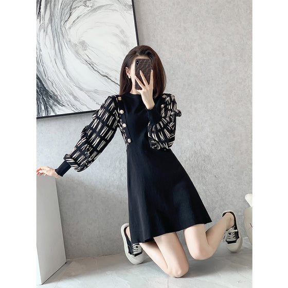 French High-end Early Autumn Black Knitted Dress