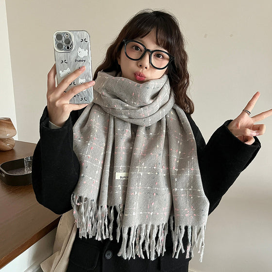 Black Plaid Artificial Cashmere Scarf Women