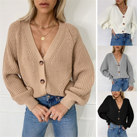 Solid V-neck Lantern Sleeve Button Knit Cardigan