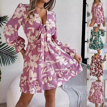  New Floral Printed V-Neck Long Sleeve Dress Fashion Ruffles Bowknot A-Line Short Dress Women's Clothing