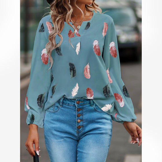 Feather Print Long Lantern Sleeve blouse