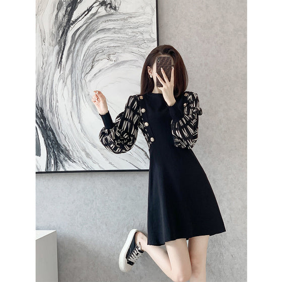 French High-end Early Autumn Black Knitted Dress