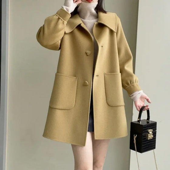 Medium Heart Buckle Slim Fit Woolen Coat Younger Peter Pan Collar Children