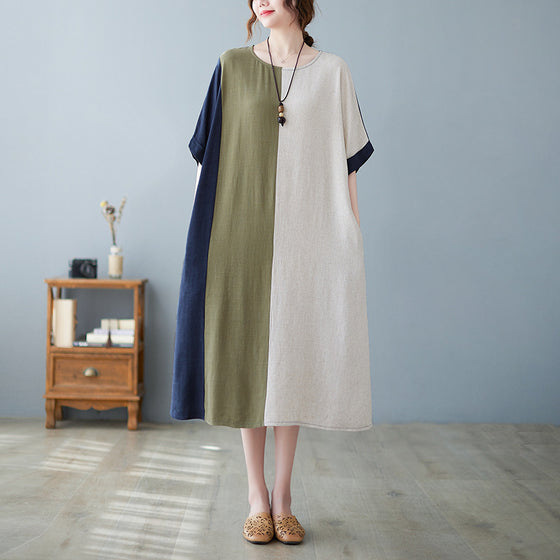 Cotton And Linen Loose Half Sleeve Contrast Paneled Dress