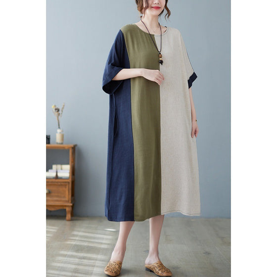 Cotton And Linen Loose Half Sleeve Contrast Paneled Dress