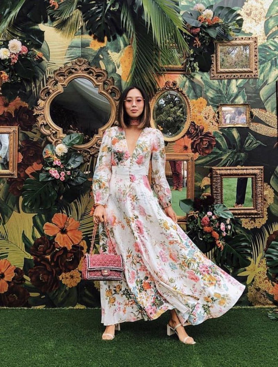 Romantic Floral Print Deep V-neck Long Sleeved dress