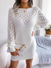 Fashion Cut-out One-line Collar Long-sleeved Pullover Wool Dress