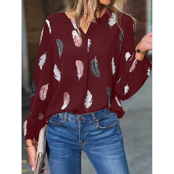 Feather Print Long Lantern Sleeve blouse