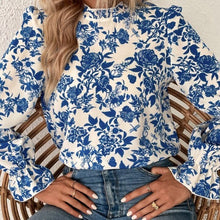  Elegant women's French floral Print long sleeve ruffle neck blouse