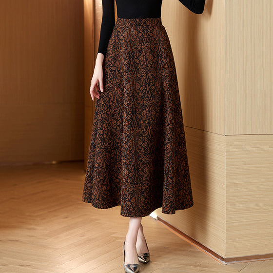Woolen Jacquard High Waist Swing Dress Thickened Midi Skirt Umbrella Skirt