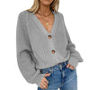 Solid V-neck Lantern Sleeve Button Knit Cardigan