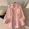 Gentle Pink Loose Lantern Sleeve Shirt Women's Metal Chain Waist Seal Top