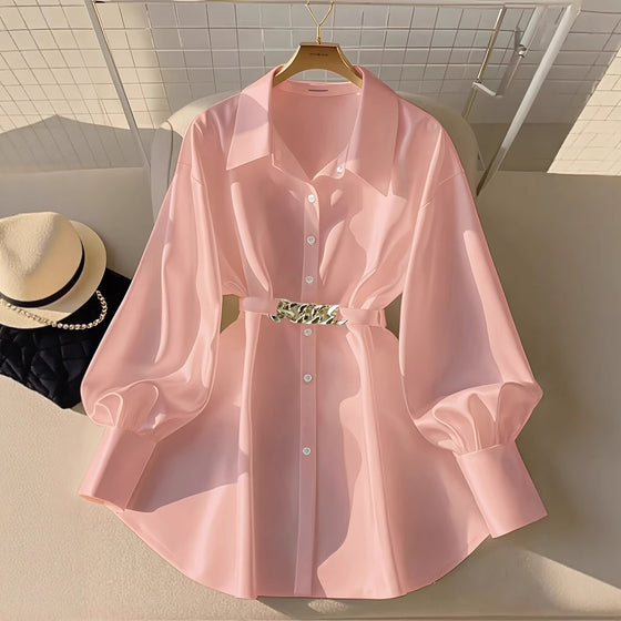 Gentle Pink Loose Lantern Sleeve Shirt Women's Metal Chain Waist Seal Top