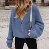 Solid V-neck Lantern Sleeve Button Knit Cardigan