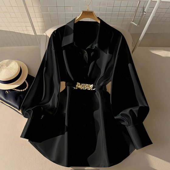 Gentle Pink Loose Lantern Sleeve Shirt Women's Metal Chain Waist Seal Top