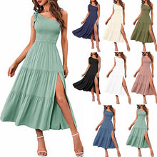  New Summer Fashion Women's One-shoulder Pleated Layered Hem Split Dress