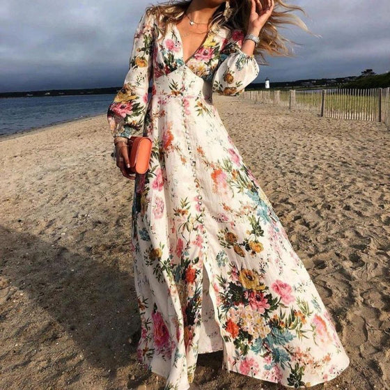 Romantic Floral Print Deep V-neck Long Sleeved dress