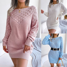  Fashion Cut-out One-line Collar Long-sleeved Pullover Wool Dress