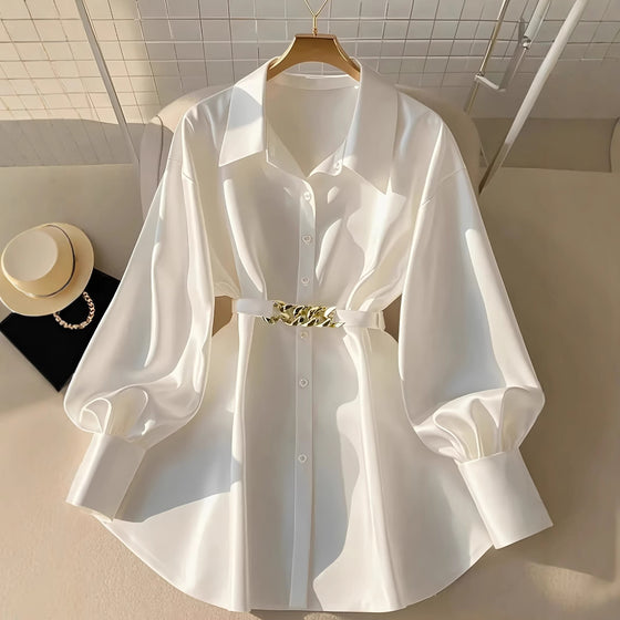 Gentle Pink Loose Lantern Sleeve Shirt Women's Metal Chain Waist Seal Top