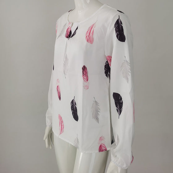 Feather Print Long Lantern Sleeve blouse