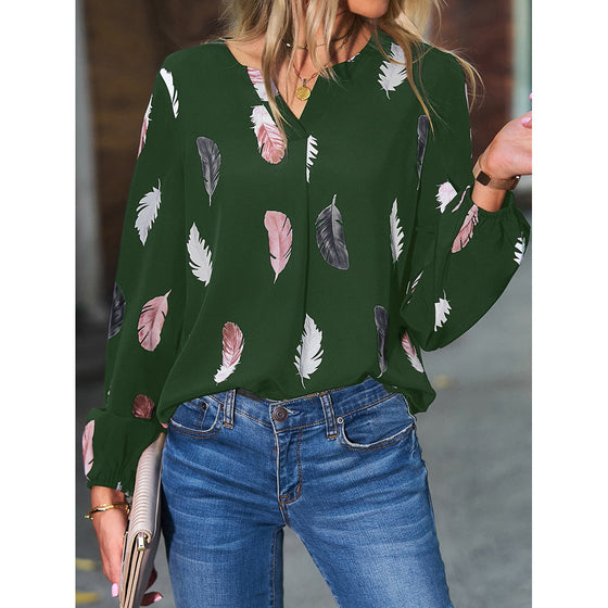 Feather Print Long Lantern Sleeve blouse