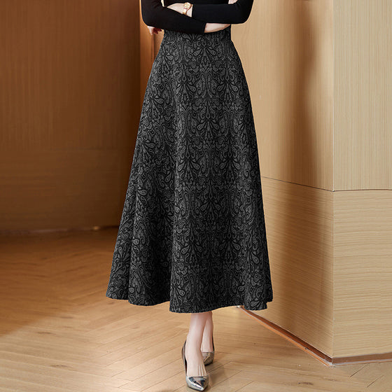 Woolen Jacquard High Waist Swing Dress Thickened Midi Skirt Umbrella Skirt